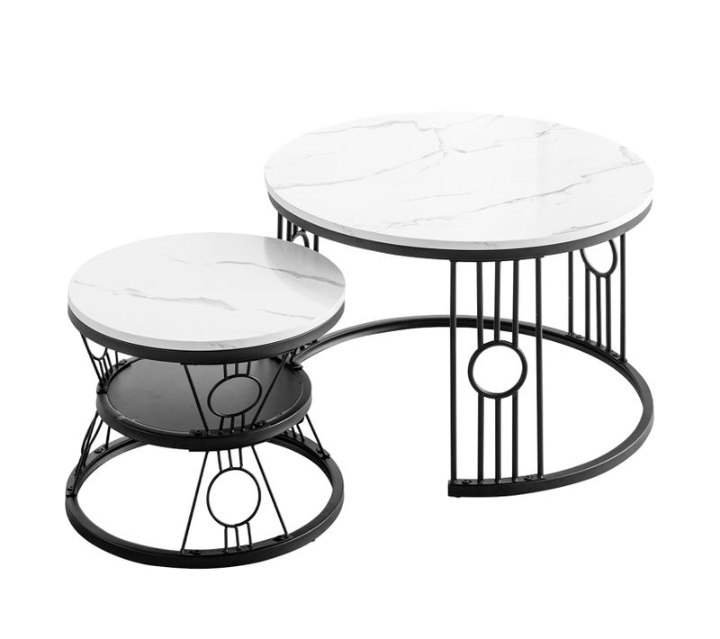 Table Basse Gigogne 2 Pièces - Tables Rondes Empilables Pour Salon Et Balcon, Mdf Et Métal - Noir