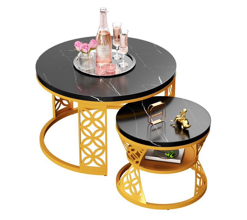 Table Basse Gigogne 2p - Rondes Empilables Effet Marbre Noir Avec Pied Doré - Noir/or