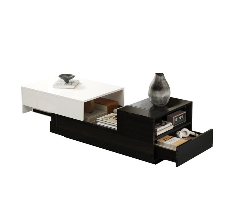 Table Basse Moderne Avec 2 Tiroirs Et Plateau Coulissant, Rangement Salon, Blanc/noir