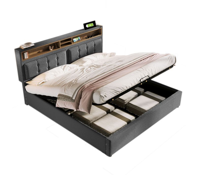 Lit Coffre 160x200 Cm - Lit Double Capitonné - Bois Massif - Gris