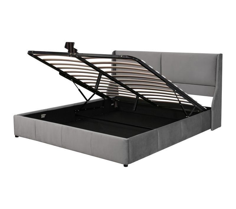 Lit Coffre 160x200 Cm - Lit Double Rembourré Avec Rangement Hydraulique - Velours - Gris