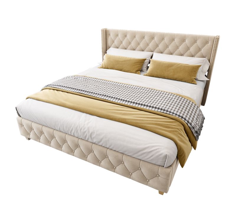 Lit Double 180x200 Cm - Lit Rembourré Avec Sommier à Lattes - Velours - Beige