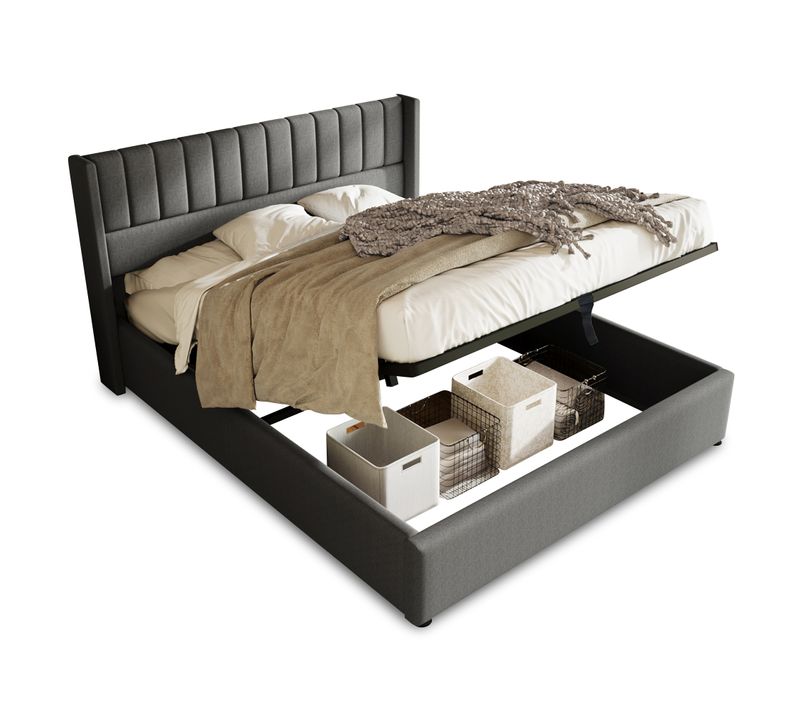 Lit Coffre 180 X 200 Cm - Lit Double Capitonné Avec Sommier - Lin Bois Métal - Gris