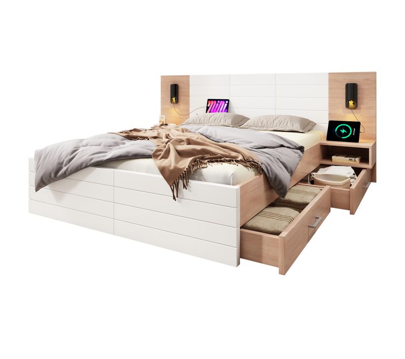 Lit Déco 180 X 200 Cm - Lit Double Avec Tête De Lit Et Tables De Chevet - Bois Mdf - Blanc Chêne