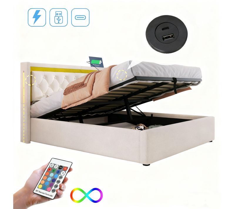 Lit Coffre 160x200 Cm - Lit Adulte Avec LED Et Ports USB Type C - Coton - Beige