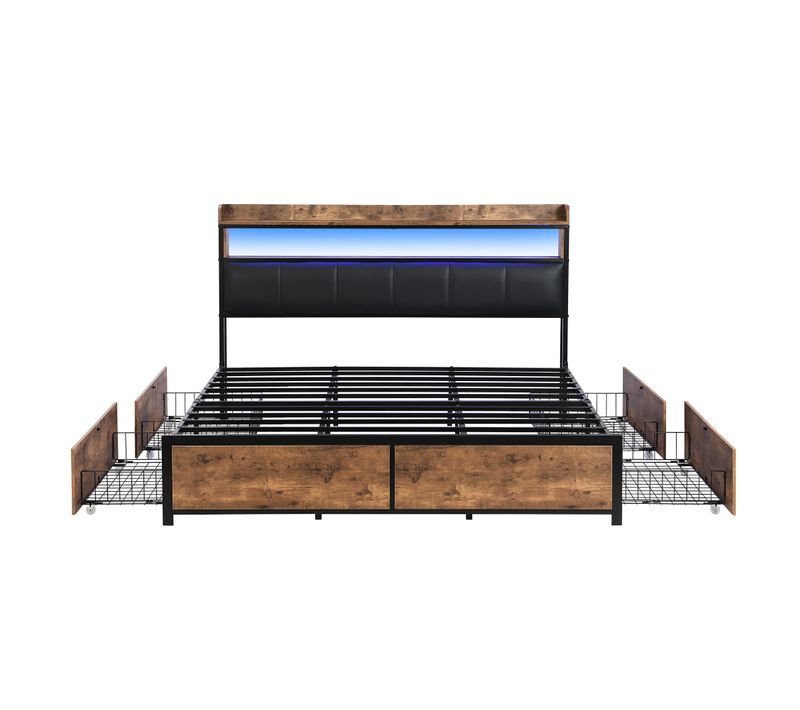 Lit Avec Rangement 160x200 Cm - Lit Double Moderne Avec LED Et 4 Tiroirs - Brun Et Noir