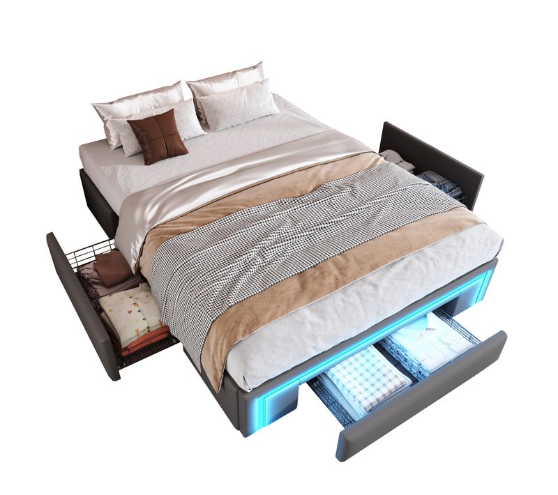 Lit Avec Rangement 160x200 Cm - Lit Moderne Avec Tiroirs Et LED, Cuir Pu Et Métal, Gris