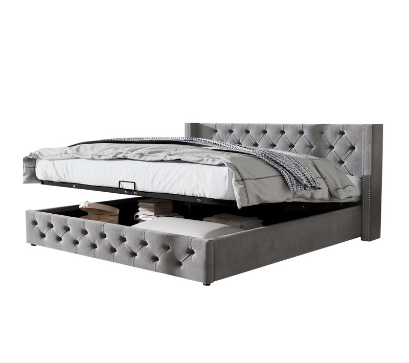 Lit Coffre 160x200 Cm - Lit Double Avec Rangement Sous Lit Et Dossier Capitonné - Velours Gris
