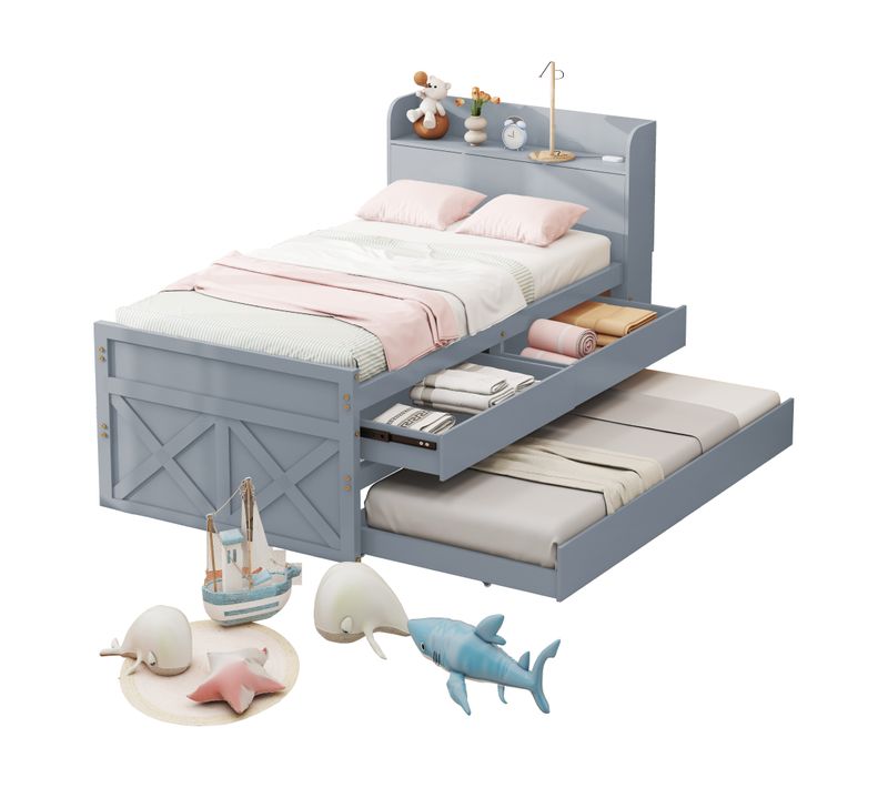 Lit Simple 90x190 Cm - Enfant, Tiroir, Table De Chevet, USB, Bois Massif - Gris