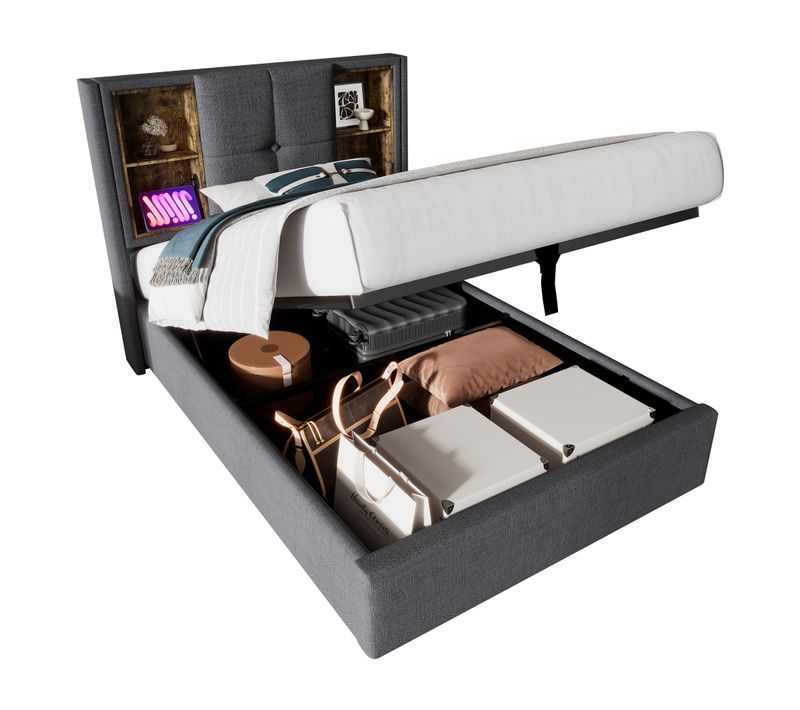 Lit Coffre 90×200 Cm - Simple, Chargeur Sans Fil, Double USB-c, Tête Capitonnée - Gris