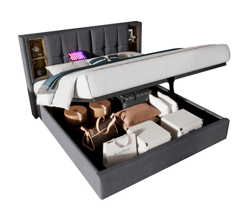 Lit Coffre 140x200 Cm - Tête Capitonnée, Charge Sans Fil Et USB-c, Coton Gris