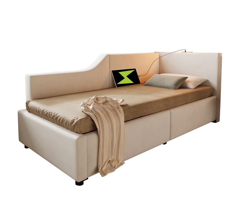 Lit Coffre 90x190 Cm - Enfant/ado, Lampe Intégrée, USB-c, Velours - Beige