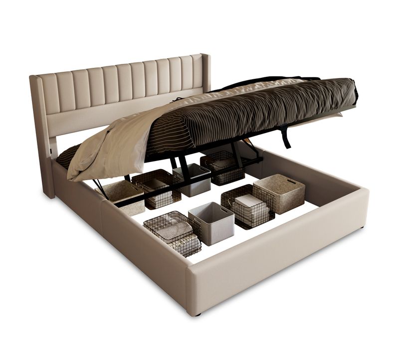 Lit 160x200cm, Lit Double, Lit Coffre, Tête De Lit, Sommier, Lin, Métal, Bois, Beige