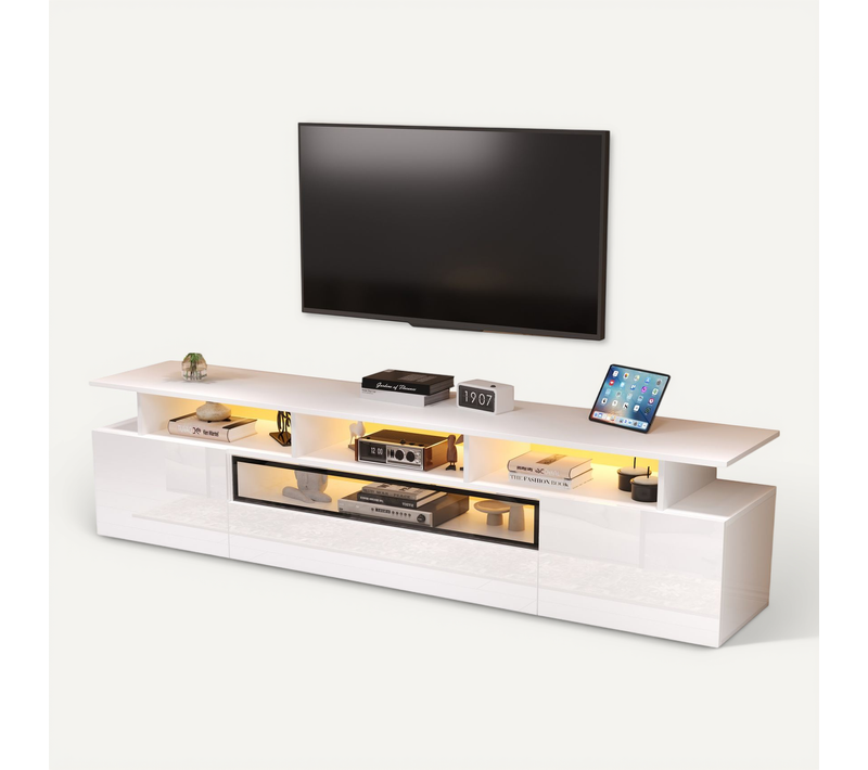 Meuble TV 180x38x45 Cm, 2 Portes, 1 Tiroir, LED, Finition Brillante, Aggloméré, Blanc