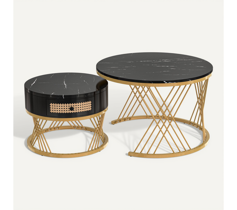 Ensemble De 2 Table Basse, Table Gigogne Ronde,1 Tirior, Motif Marbre, Pieds En Fer, Mdf, Noir+doré