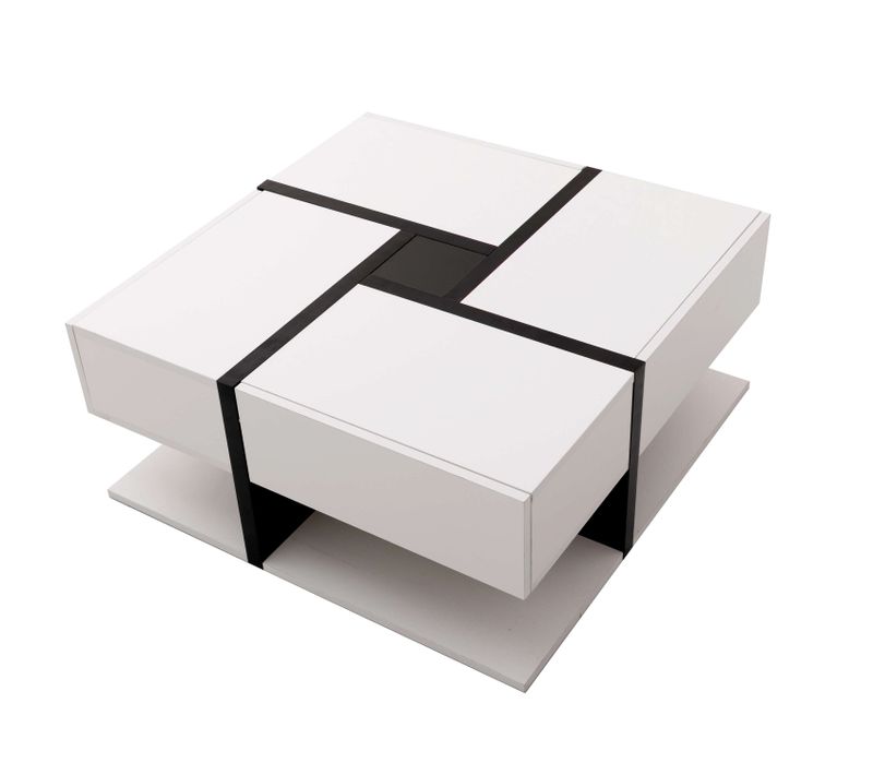 Table Basse78x78x36cm, Table Carré, 4 Tiroirs, Moderne, Aggloméré, Blanc+noir