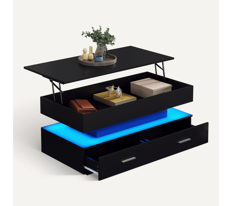 Table Basse 100*50*44cm, Table Salon, LED, Plateau Relevable, Tiroirs, Table Rangement, En Pb, Noir