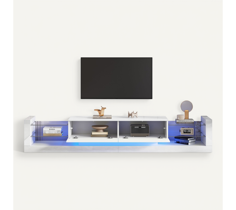 Meuble TV, 181*38*38cm, Meuble De Salon, LED, Portes Abattantes, Étagères En Verre Trempé, Pb, Blanc