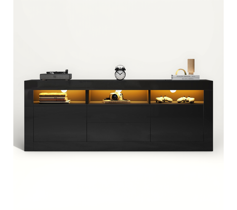 Meuble TV 160*35*60cm, Meuble De Salon, LED, 3 Niches, 2 Portes, 2 Tiroirs, Brillante, Pb, Noir