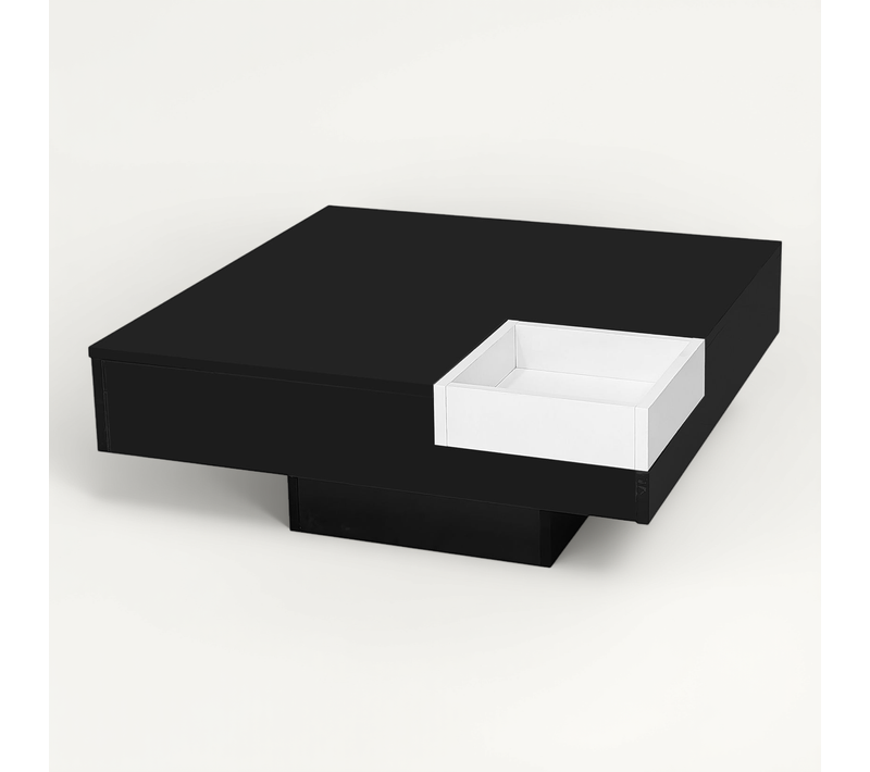 Table Basse 72x72x30cm, Table Carré, LED, Moderne, Surface à Brillance, Aggloméré, Noir+blanc