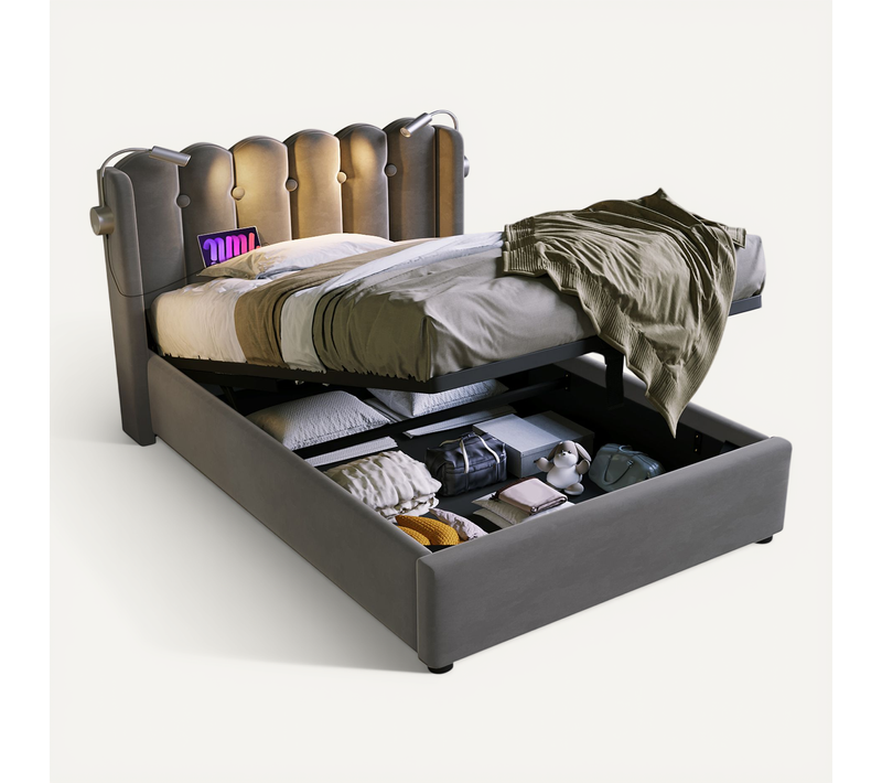 Lit Coffre Simple 90x200 Cm Avec Lampe Directionnelle, Port USB Et Revêtement Velours Gris Élégant