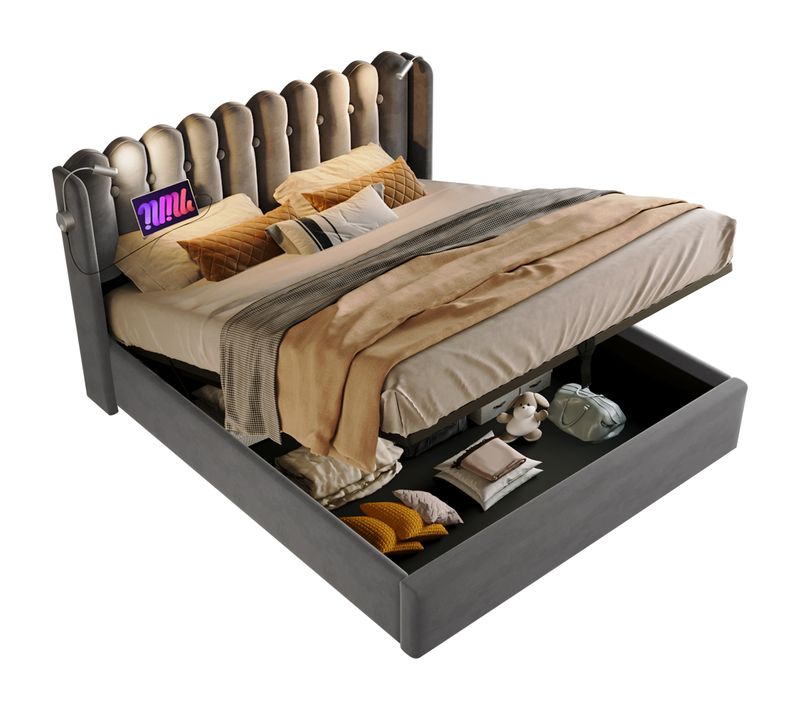 Lit Coffre Lit Double 160x200 Cm Avec Lampe, Port USB Et Revêtement Velours Gris