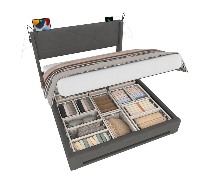 Lit Coffre Adulte 160x200 Cm Avec LED, Lampes De Lecture, USB, Sommier, Velours Gris