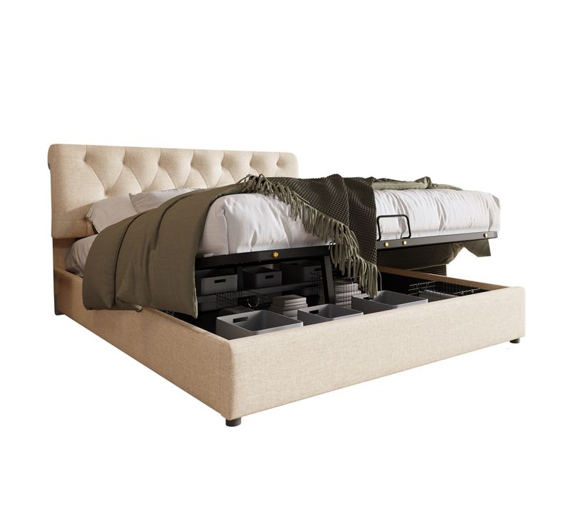 Lit Coffre Adulte 140x200 Cm Avec Rangement, Tête De Lit, Cadre En Métal Et Sommier, Lin, Naturel