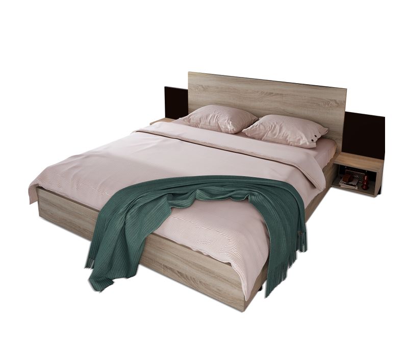 Lit Adulte En Bois 160x200 Cm Avec 2 Tables De Chevet, Motif De Bois, Chêne Sonoma+gris Foncé