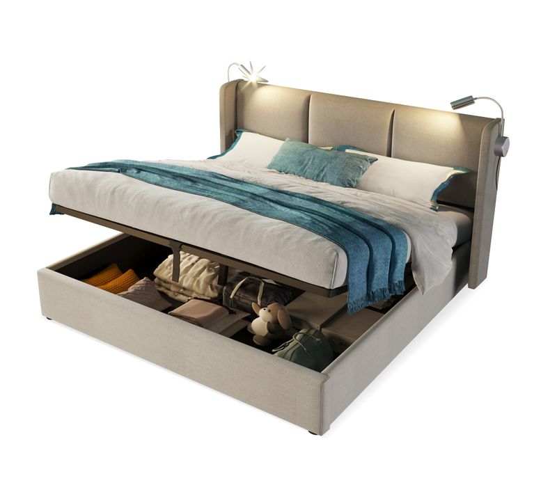 Lit Coffre Adulte 140x200 Cm, Lampe De Lecture Avec Fonction De Charge USB, Sommier, Lin Beige