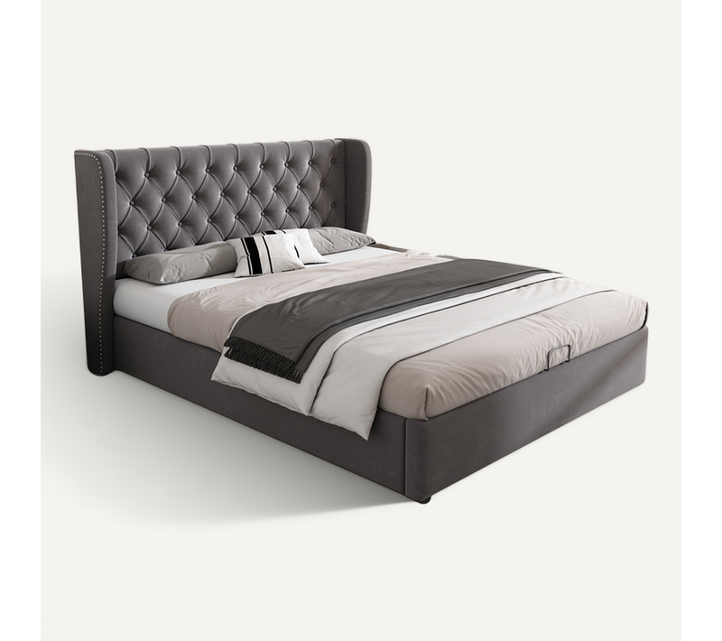 Lit Coffre Double 140 X 190 Cm, Design Européen, Rangée De Rivets, Velours , Gris Et Noir