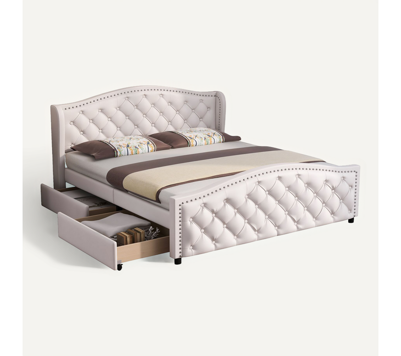 Lit Adulte 140*200cm, Lit Double, Design Chesterfield, Tiroir Sur Roulettes, Dossier Doux, Pu, Blanc