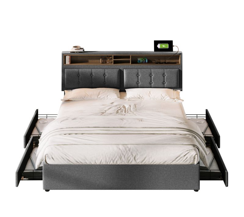 Lit Double 140x200, Lit Adulte, Tiroir, Niche, Port Et Prise, Tête De Lit, Sommier, Lin, Gris