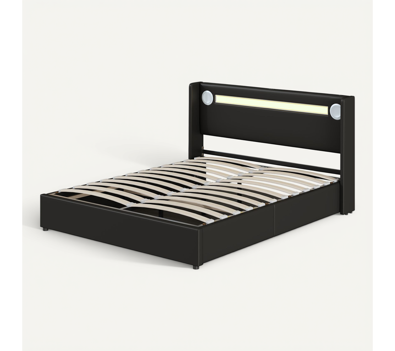 Lit 160x200cm, Lit 2 Places, Lit Coffre, Sommier, LED, USB, Tête De Lit, Pu, Métal+bois, Noir