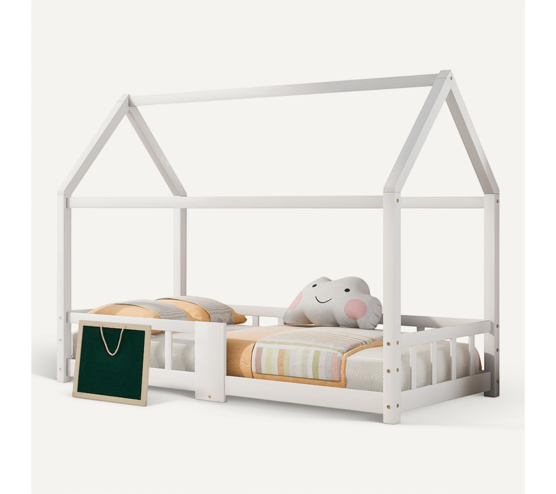 Lit Cabane 90x200cm, Lit Enfant, Tableau, Sommier à Latte, Barrières De Sécurité, En Mdf, Pin, Blanc