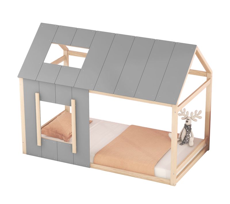 Lit Cabane90x200cm, Lit Enfant, Forme De Maison, Toit, Fenêtre, Pin, Mdf, Couleur Gris Foncé Et Bois