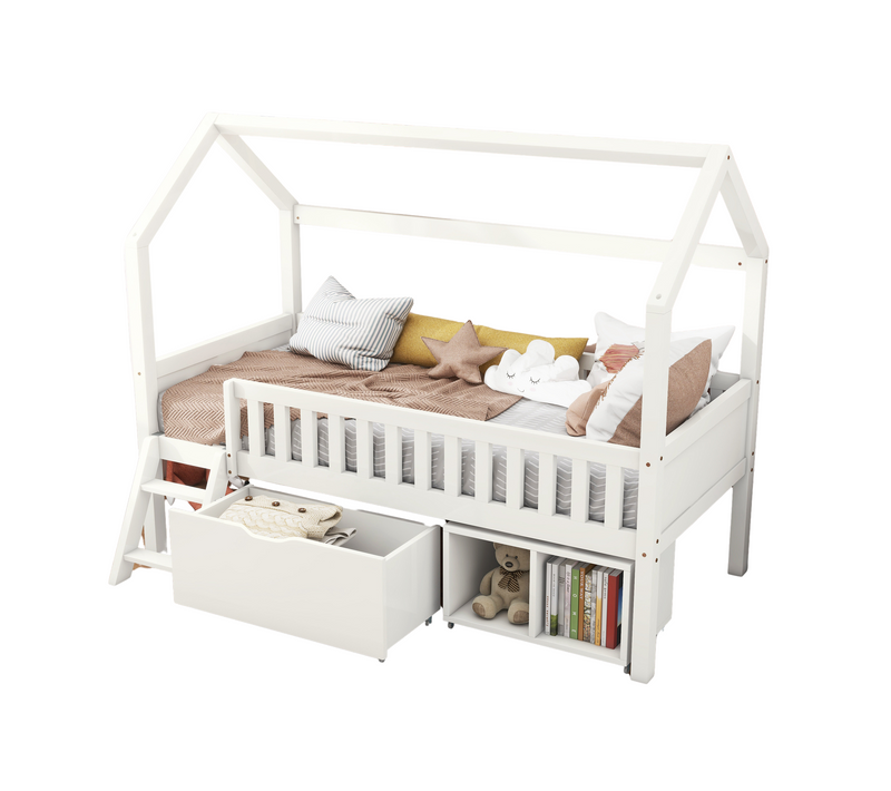 Lit Cabane 200x90cm, Lit Enfant, 2 Niches, Tiroir, Marches Latérales, En Pin, Couleur, Blanc Et Bois