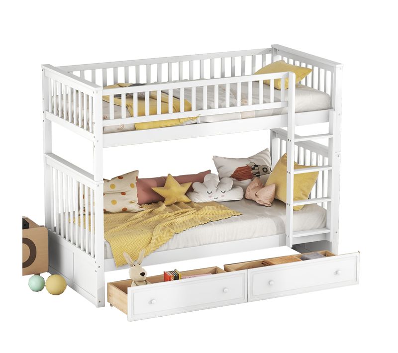 Lit Superposé 90x200cm, Lit Enfant, 2 Tiroirs, Escalier, Barrières, Sommiers, Pin, Mdf, Blanc