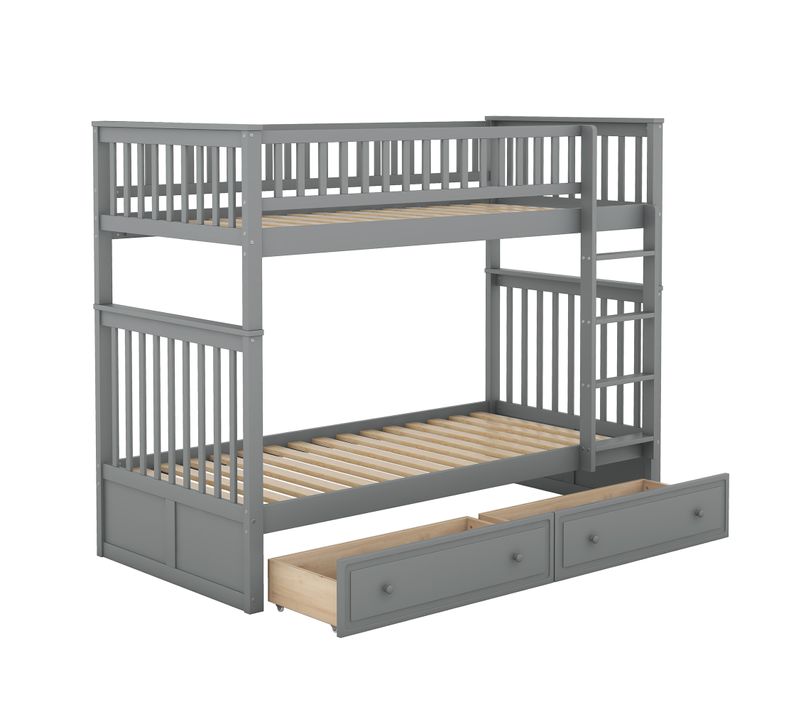 Lit Superposé 90x200cm, Lit Enfant, Escalier, Barrières Hautes, 2 Tiroirs, Sommiers, Pin, Mdf, Gris