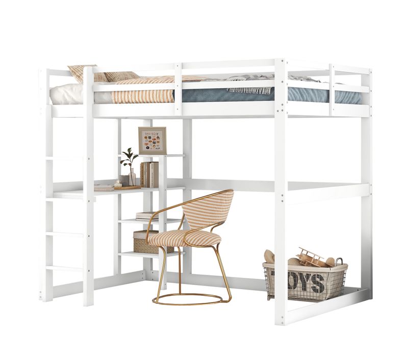 Lit Mezzanine 140x200cm, Lit Avec Bureau, 4 Étagères De Rangement, Escalier, En Pin, Mdf, Blanc