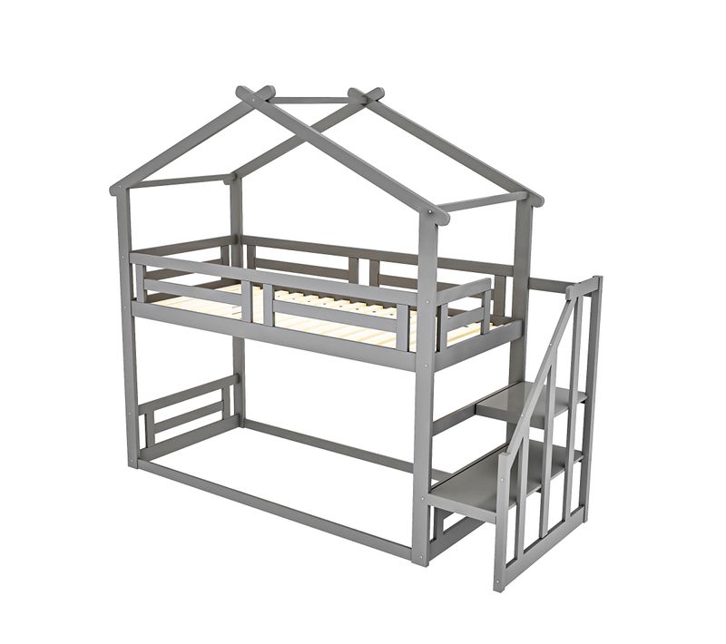 Lit Superposé 90x200cm, Lit Enfant Avec 1 Sommier, Forme Maison, Garde-corps, Échelle, Mdf, Gris