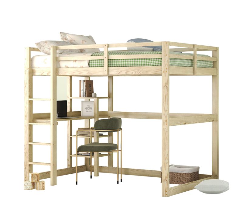 Lit Mezzanine Enfant 140 X 200 Cm Avec Rangement, 4 Compartiments Et 1 Plateau Bureau, Pin Naturel