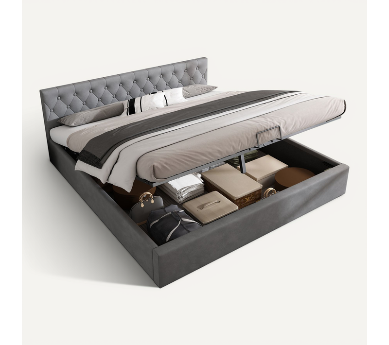 Lit Coffre Lit Double 180x200 Cm, Tête Capitonnée, Sommier Inclus, Velours Gris