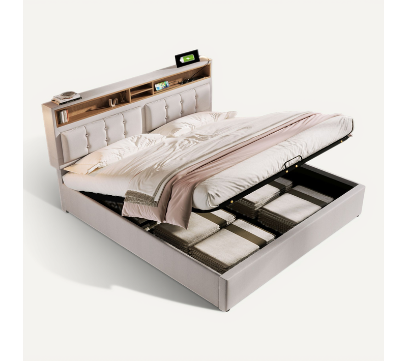 Lit Double Lit Coffre 140x200 Cm Avec Rangement - Tête De Lit Avec USB, Lin Beige