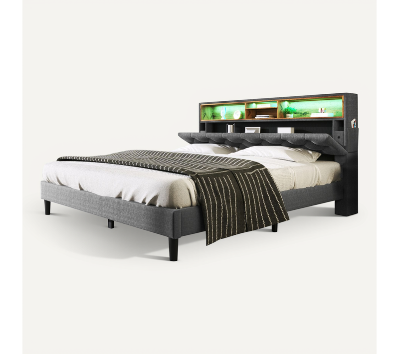 Lit Double Lit Coffre 140x200 Cm Avec Tête De Lit Et Rangement, LED, Bois, Gris