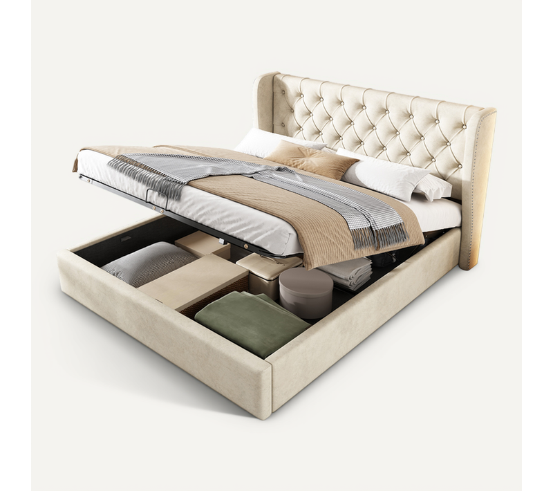Lit Double Lit Coffre 160x200 Cm, Lit Adulte Avec Tête De Lit à Oreilles Et Sommier, Velours Beige