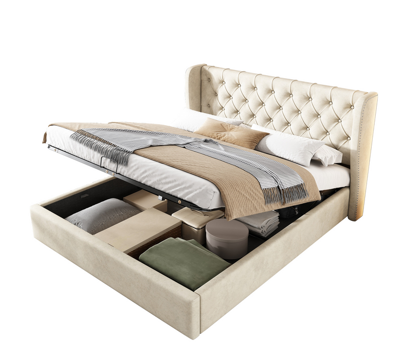Lit Double 140x200 Cm Avec Coffre De Rangement, Tête De Lit à Oreilles Et Sommier, Velours Beige