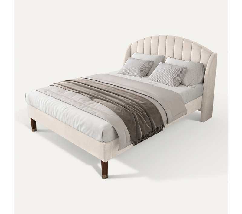 Lit Double 140x200 Cm Avec Tête De Lit Et Sommier, Pour Adultes Et Jeunes, Velours Beige