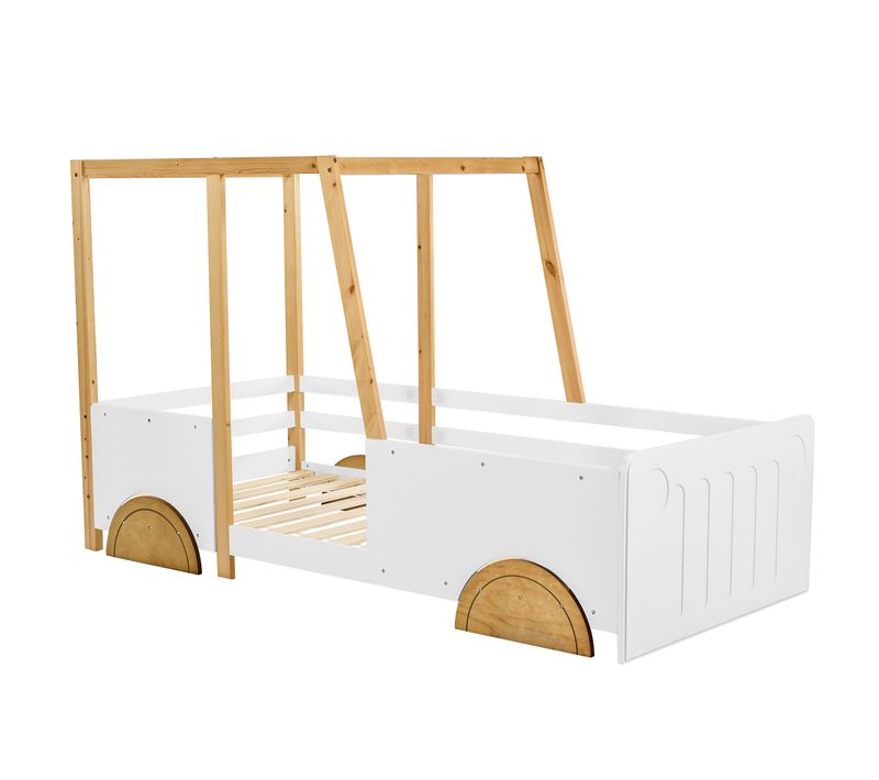 Lit Enfant 90x200 Cm En Forme Voiture Avec Sommier, Cadre En Pin Et Mdf, Blanc + Naturel