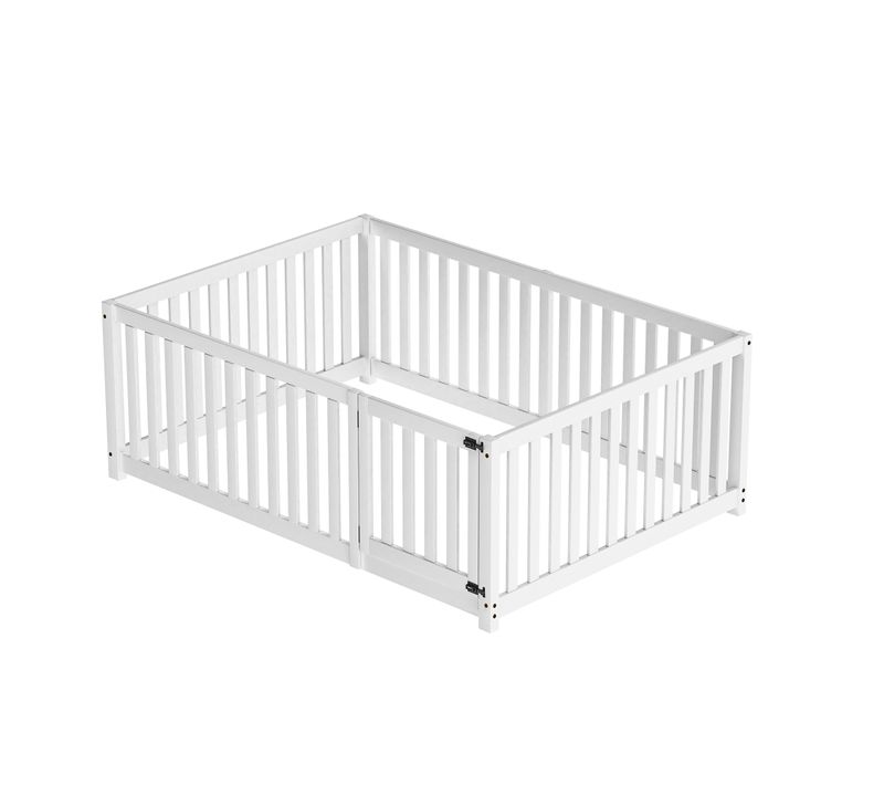 Lit Enfant 140x200 Cm, Lit Double, Cadre De Lit En Pin, Barrière Et Porte, Sans Sommier, Blanc